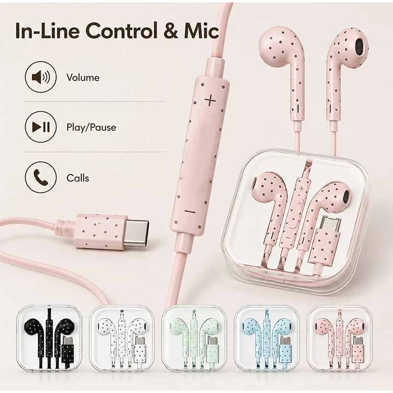 Wired Earphone Mic - Type C Oordopjes met Polka Dot